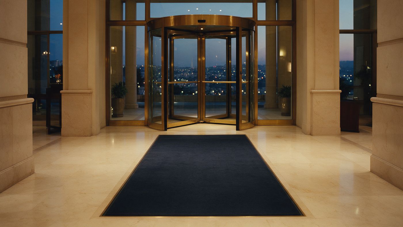 A hotel lobby entrance with a long navy mat
