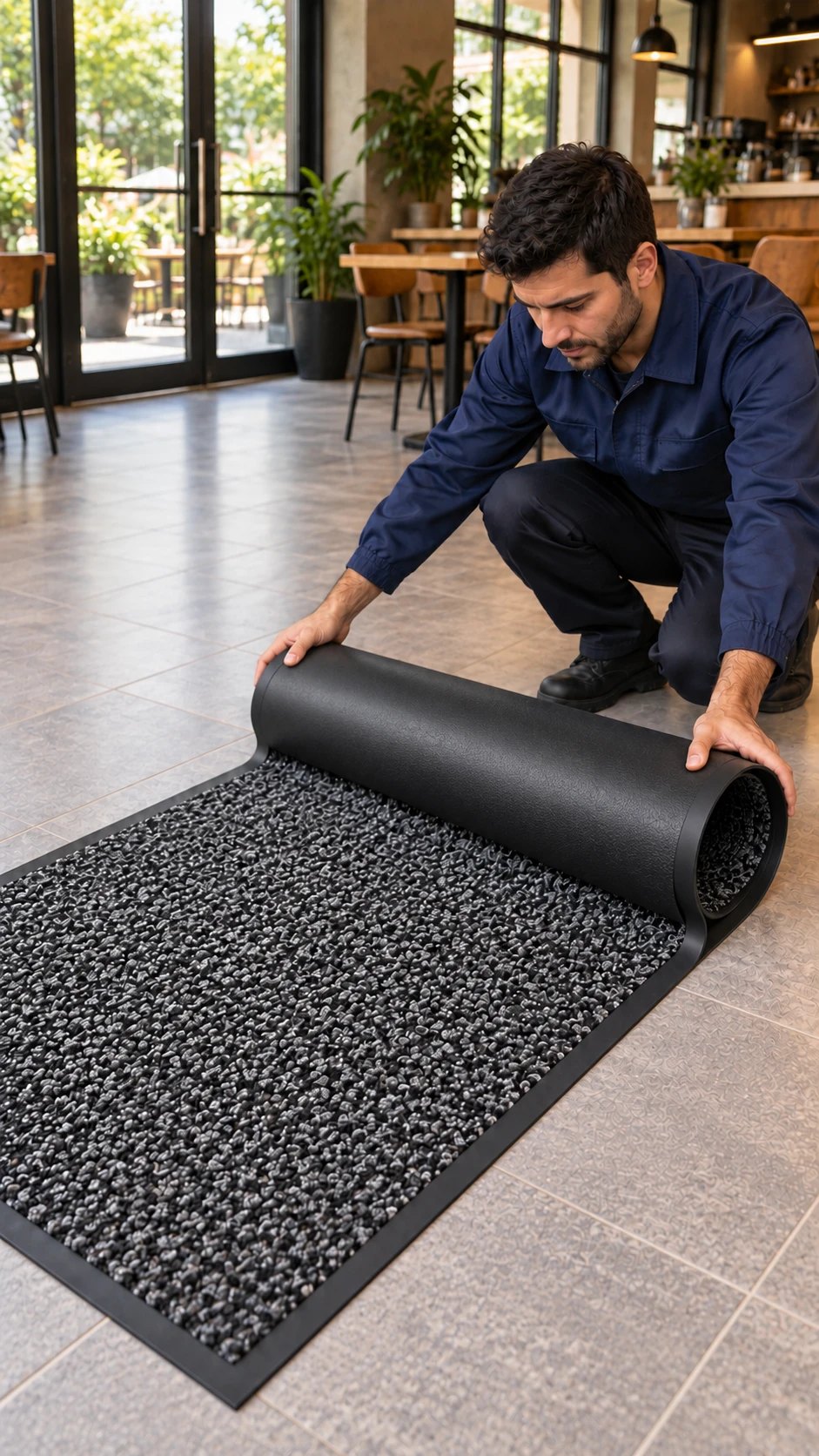 An LMS technician unrolling a fresh entrance mat at a café door